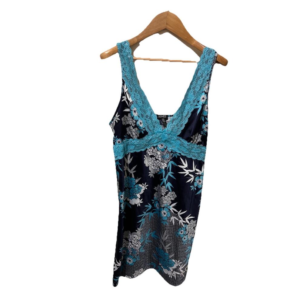 Jones New York Intimates Chemise Nightgown Floral‎ Lace Trim Navy Blue Small NWT